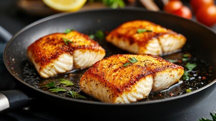 Juicy fish fillets being fried in a pan with a golden crust, emphasizing the precise technique of pan-frying delicate seafood