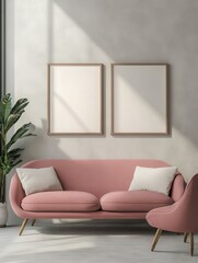 Minimalist Living Room with Pink Sofa and Blank Frames