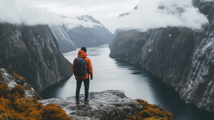 Obraz premium A solitary hiker dressed in an orange jacket stands on a rocky cliff, overlooking a serene fjord surrounded by towering, misty mountains on a cloudy day.