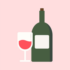 Red wine glass and wine bottle. Holiday celebration, event, leisure relaxation concepts. Flat vector design illustration isolated background. 