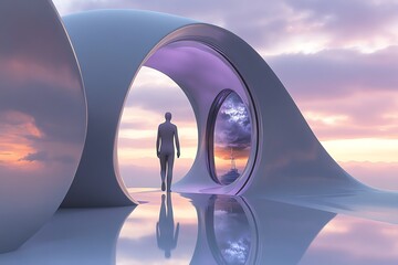 A surreal scene featuring a figure walking through a futuristic portal in a dreamlike landscape with vibrant colors and reflections.