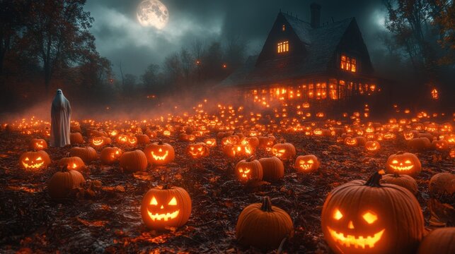 Spectral Encounter: Ghostly Figure in Moonlit Pumpkin Patch with Haunted Farmhouse Silhouette - Hyperrealistic Halloween Photography