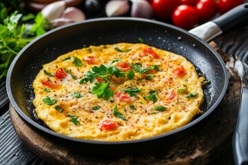 Omelette, Beaten eggs cooked in a frying pan, often filled with ingredients such as cheese, vegetables, meats, and herbs.