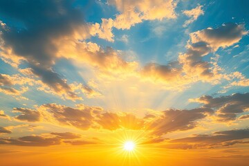 Obraz premium Sunset sky clouds in the evening summer with Orange, Yellow sunlight in Golden hour or morning sunrise, Horizon sky nature background , ai