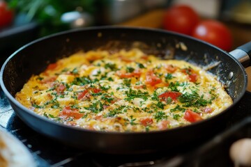 Omelette, Beaten eggs cooked in a frying pan, often filled with ingredients such as cheese, vegetables, meats, and herbs.