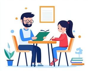 Homeschool classroom, family working on projects, flat design illustration