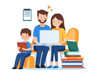 Virtual homeschooling session, family gathered around computer, flat design illustration