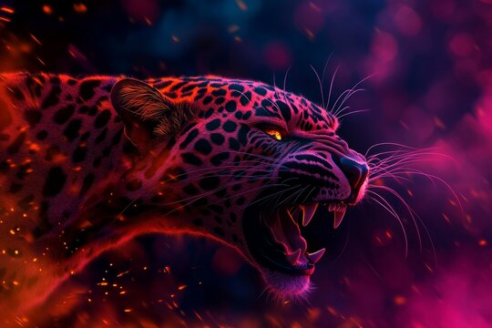 A fierce leopard with glowing neon eyes, snarling against a backdrop of fiery embers.  A powerful symbol of strength,  aggression,  nature,  wildlife,  and energy.