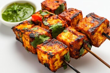 Paneer Tikka, Chunks of paneer (Indian cottage cheese) marinated in spices and yogurt, then grilled or baked until slightly charred, often served with mint chutney. Isolated on White Background