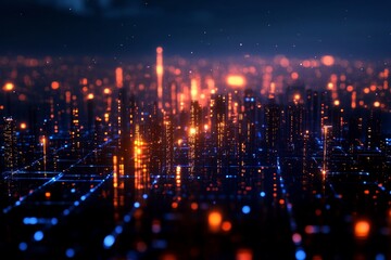 Obraz premium A futuristic cityscape with glowing skyscrapers and neon lights, representing innovation, technology, urban living, and a vibrant digital future.