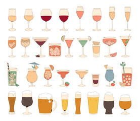 A big set of alcoholic groovy beverages. Summer cocktails, wine, champagne, beer in the glasses. Vintage vector illustration 60s, 70s