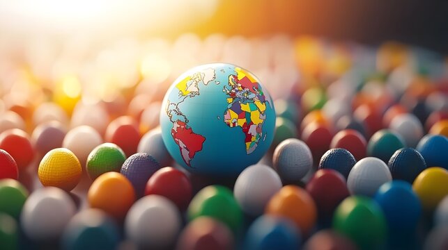 Colorful Globe Surrounded by International Flags Representing Globalization and Cultural Exchange