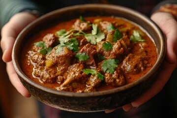 Rogan Josh, A rich and aromatic curry made with tender pieces of lamb or goat, cooked in a sauce of yogurt, tomatoes, and a blend of spices.