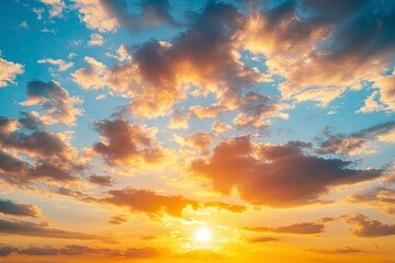 Fototapeta premium Sunset sky clouds in the evening summer with Orange, Yellow sunlight in Golden hour or morning sunrise, Horizon sky nature background , ai