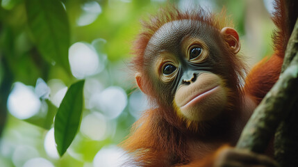 Obraz premium A young orangutan clings to a tree branch in the lush green forest, gazing curiously with large expressive eyes.