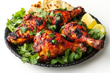Tandoori Chicken, Chicken marinated in yogurt and a blend of spices, then cooked in a tandoor (clay oven) until charred and smoky, often served with naan and salad. Isolated on White Background