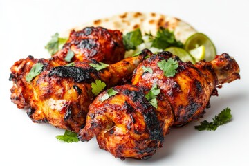 Tandoori Chicken, Chicken marinated in yogurt and a blend of spices, then cooked in a tandoor (clay oven) until charred and smoky, often served with naan and salad. isolated on white background