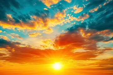 Obraz premium Sunset sky clouds in the evening summer with Orange, Yellow sunlight in Golden hour or morning sunrise, Horizon sky nature background , ai