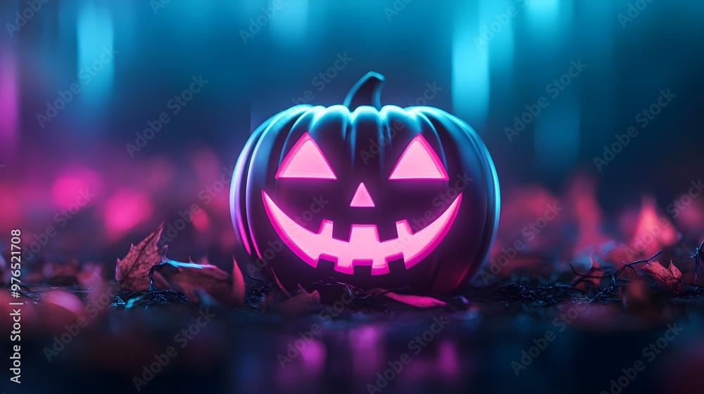 Wall mural glowing holographic halloween pumpkin banners with futuristic neon