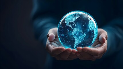 Fototapeta premium Hands Holding Holographic Globe Representing Global and Digital Innovation