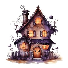 Haunted Watercolor Gingerbread House with Spooky and Glowing Windows on White Background