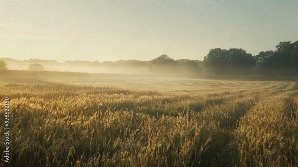 Wall mural sunrise over misty wheat field with trees in background under clear sky