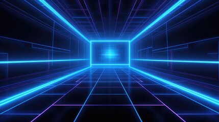 Fototapeta premium Abstract digital tunnel with glowing blue and purple neon lights.