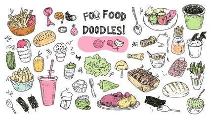 Food Doodles Illustration with Various Foods and Drinks