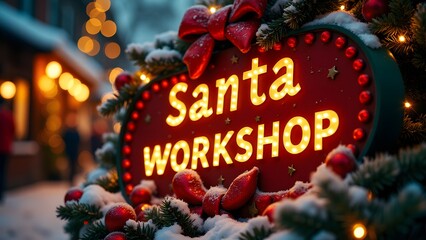 Festive "Santa's Workshop" signs glowing with lights, surrounded by snow and holiday decorations