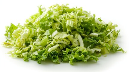 Pile of sliced lettuce on a white background
