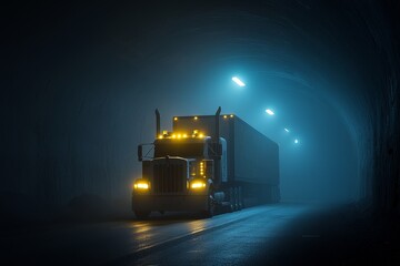 A semi truck moves through a foggy tunnel, illuminated by headlights, symbolizing adventure, mystery, transportation, solitude, and exploration.