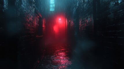 Fototapeta premium Ghostly Figure in Creepy Alleyway - Eerie Shadows and Fog Creating Unease