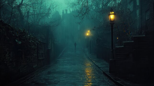 Haunting Presence in Foggy Alley - Spooky Urban Scene with Ghostly Figure in Dimly Lit Street, Creepy Atmosphere of Fear and Mystery