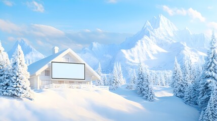 Naklejka premium Snowy Cabin with Blank Sign in Winter Mountains