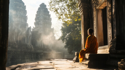 Fototapeta premium A monk in orange robes meditates peacefully at a temple during sunrise, surrounded by ancient stone structures and lush greenery.