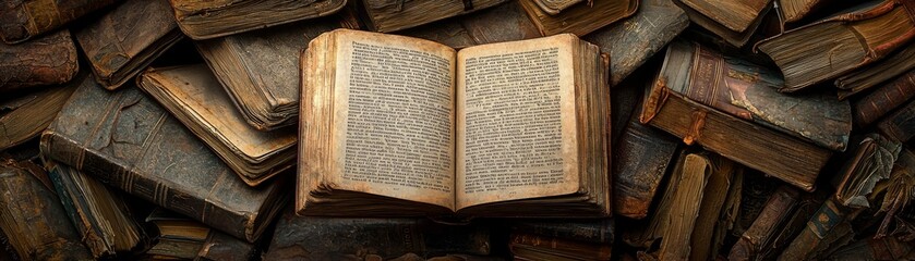 Obraz premium Vintage Books Panorama An open book displayed prominently on a pile of old