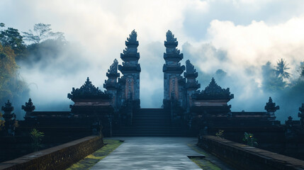 Serene morning at a misty ancient temple. The mystical atmosphere created by the fog enhances the traditional architectural beauty surrounded by lush greenery.