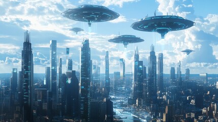 A futuristic cityscape with towering skyscrapers and hovering ads, symbolizing a technologically advanced society where advertising reaches new heights.