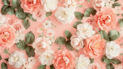 Floral Elegance, a delicate wallpaper design featuring pink and white blooms intertwined with lush green leaves, all set against a soft, light pink backdrop.