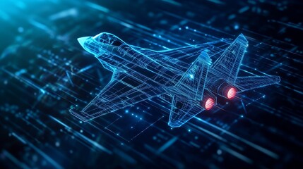 A futuristic fighter jet blueprint is  in a digital space, showcasing advanced technology, speed, and innovation. The concept represents the future of aerospace engineering, pushing the boundaries of 