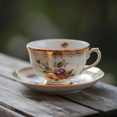 Cup of tea on a wooden table in a cafe against a blurry golden background 
