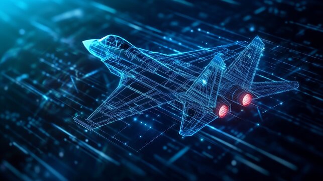 A futuristic fighter jet blueprint is  in a digital space, showcasing advanced technology, speed, and innovation. The concept represents the future of aerospace engineering, pushing the boundaries of 