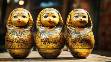 Three intricately designed nesting dolls inspired by ancient Egyptian art displayed indoors, showcasing detailed hieroglyphs and figures