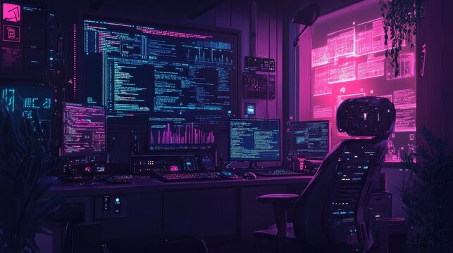A futuristic workspace with a Linux terminal displaying a Matrix-style code stream. The scene is bathed in neon purple and pink lighting, symbolizing the intersection of technology, programming, and v