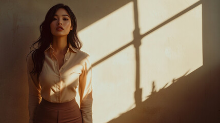 Fototapeta premium A stylish woman stands gracefully in a sunlit room, casting soft shadows that enhance her elegance and sophistication.