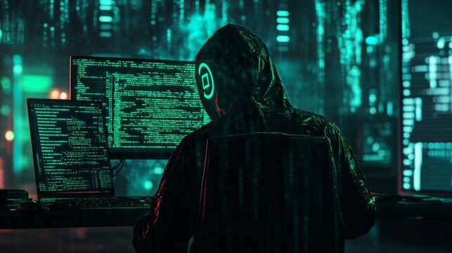 A hacker in a dark room working on a Linux terminal with a green matrix code background. The hacker is focused and determined, representing the digital world and cybersecurity.