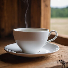 Fototapeta premium Cup of tea on a wooden table in a cafe against a blurry golden background 