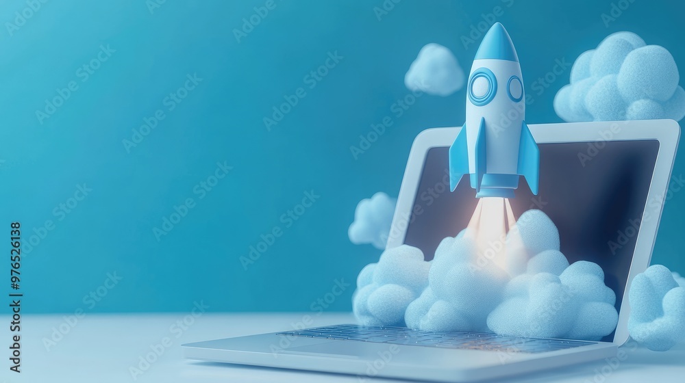 Wall mural a rocket launching from a laptop computer with clouds in the background.