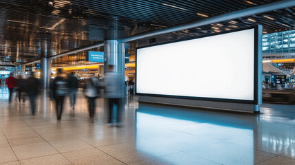 A busy airport terminal showcasing a blank advertising billboard surrounded by travelers in motion, ideal for marketing visuals.