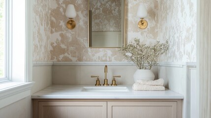 A modern powder room with a stylish wallpaper accent, gold fixtures, and a minimalist design. It features a white porcelain sink, a marble countertop, and a delicate floral arrangement.